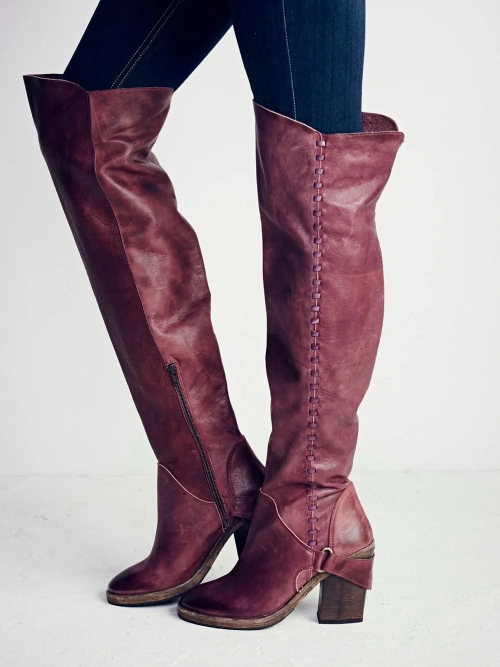 Free People Over-the-Knee Leather Boots in Deep Burgundy